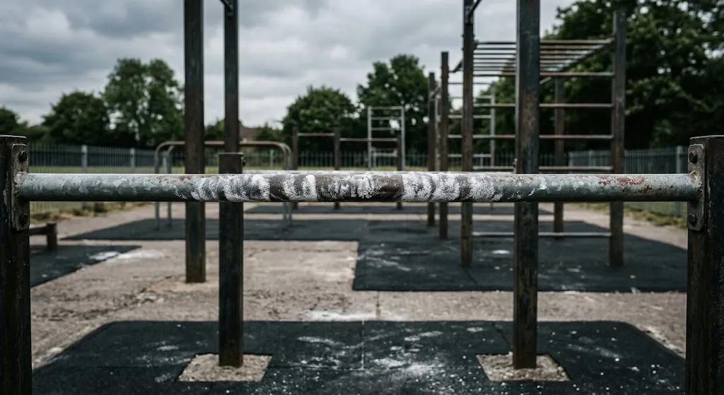 Calisténico haciendo un muscle-up en las barras del parque